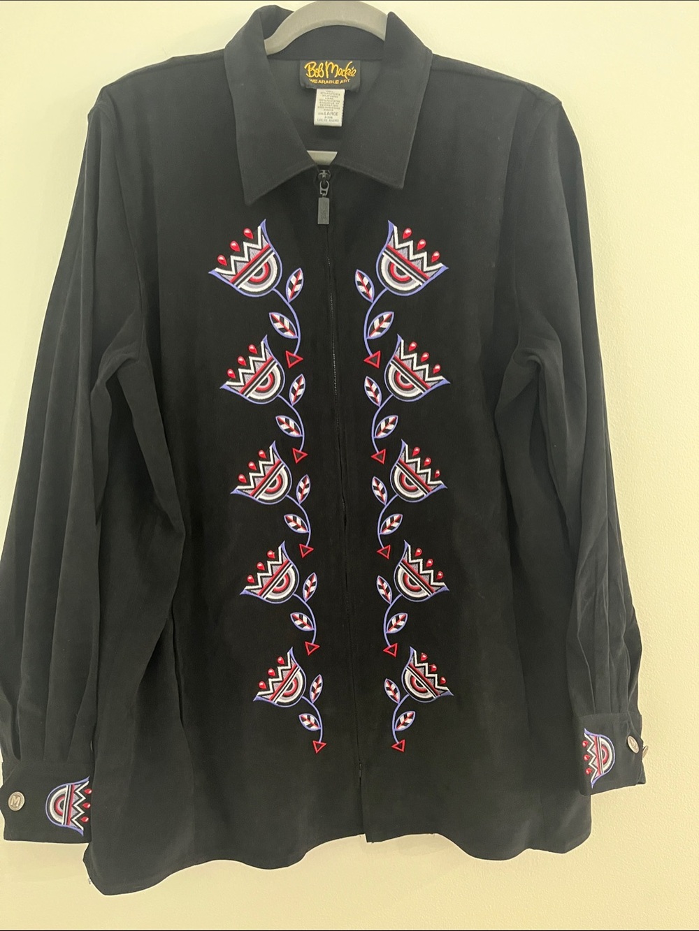 Bob Mackie Black Embroidered Floral Wearable Art Zip-Front Jacket Women’s Large